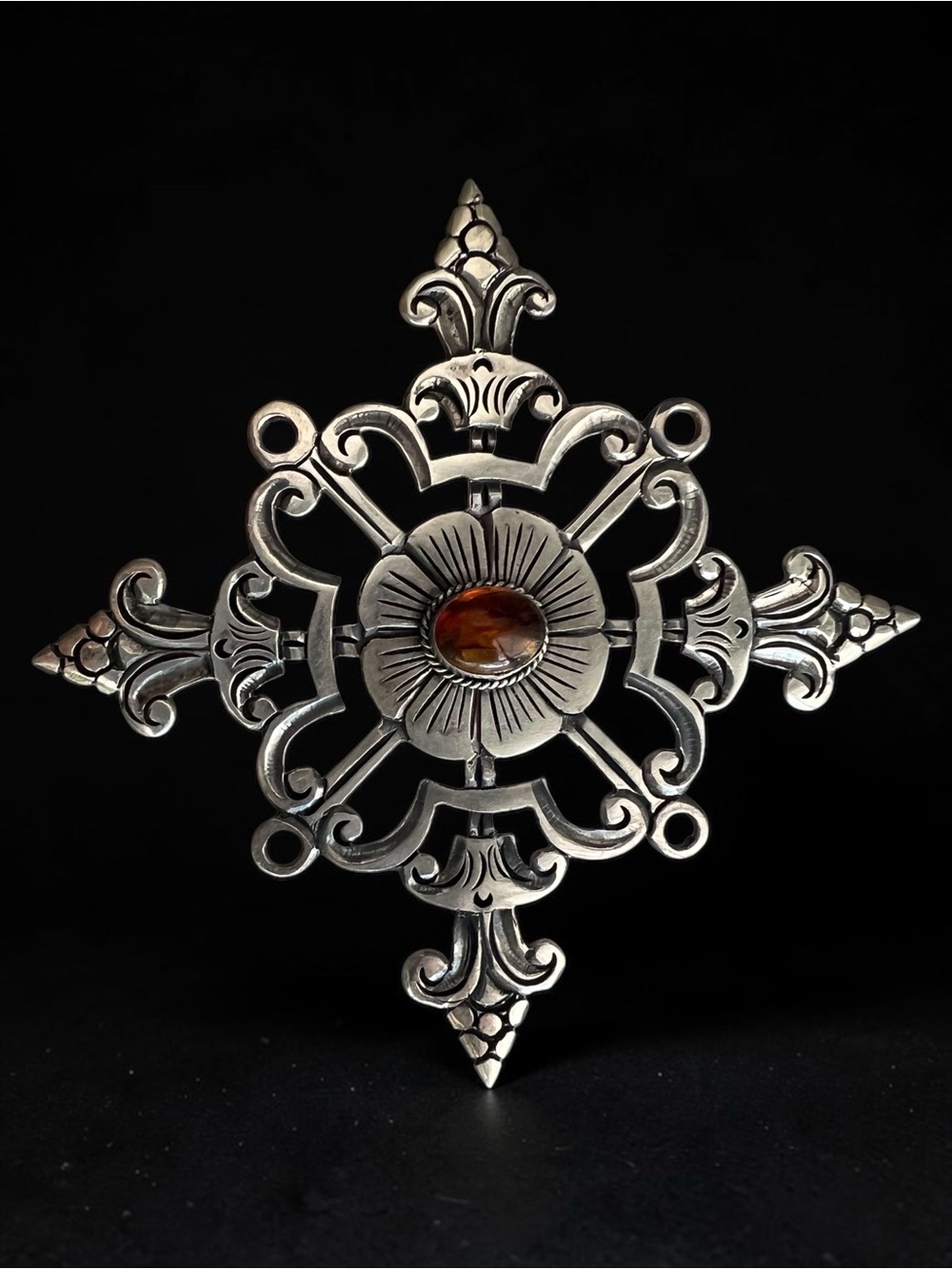 💖 Sterling Silver Amber Fleur De Lis Brooch 💖